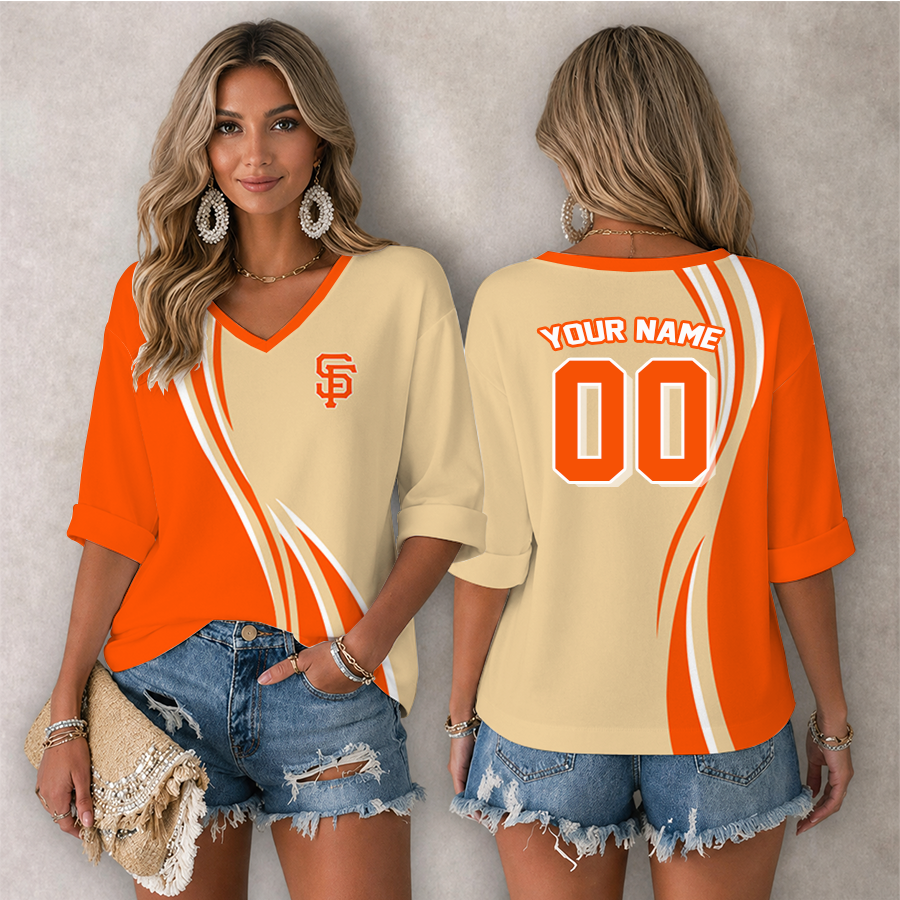 LIMITED EDITION - NEW CUSTOMIZED MLB06 SFG SAN FRANCISCO GIANTS WOMEN'S HEART V-NECK LONG SLEEVE SHIRT