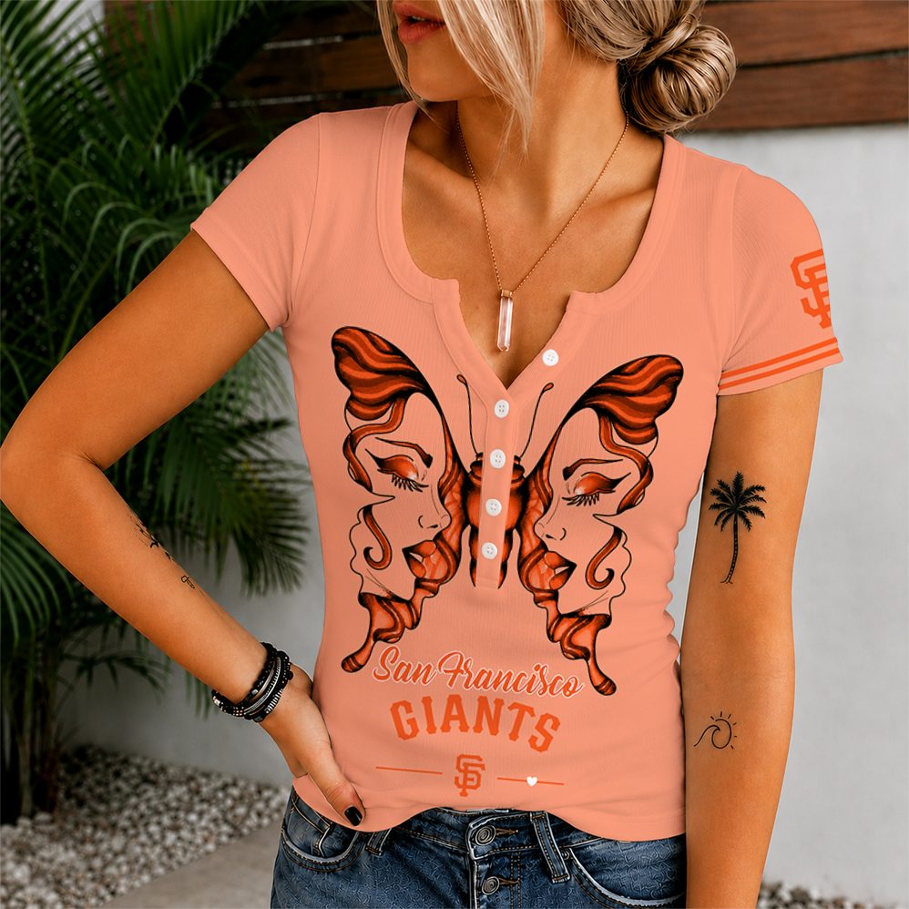 [FLASH SALE] NEW CUSTOMIZED MLB06 SFG SAN FRANCISCO GIANTS WOMEN'S SHORT SLEEVE HENLEY T-SHIRT