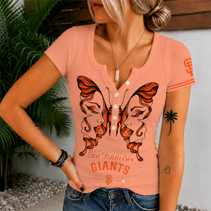 [FLASH SALE] NEW CUSTOMIZED MLB06 SFG SAN FRANCISCO GIANTS WOMEN'S SHORT SLEEVE HENLEY T-SHIRT