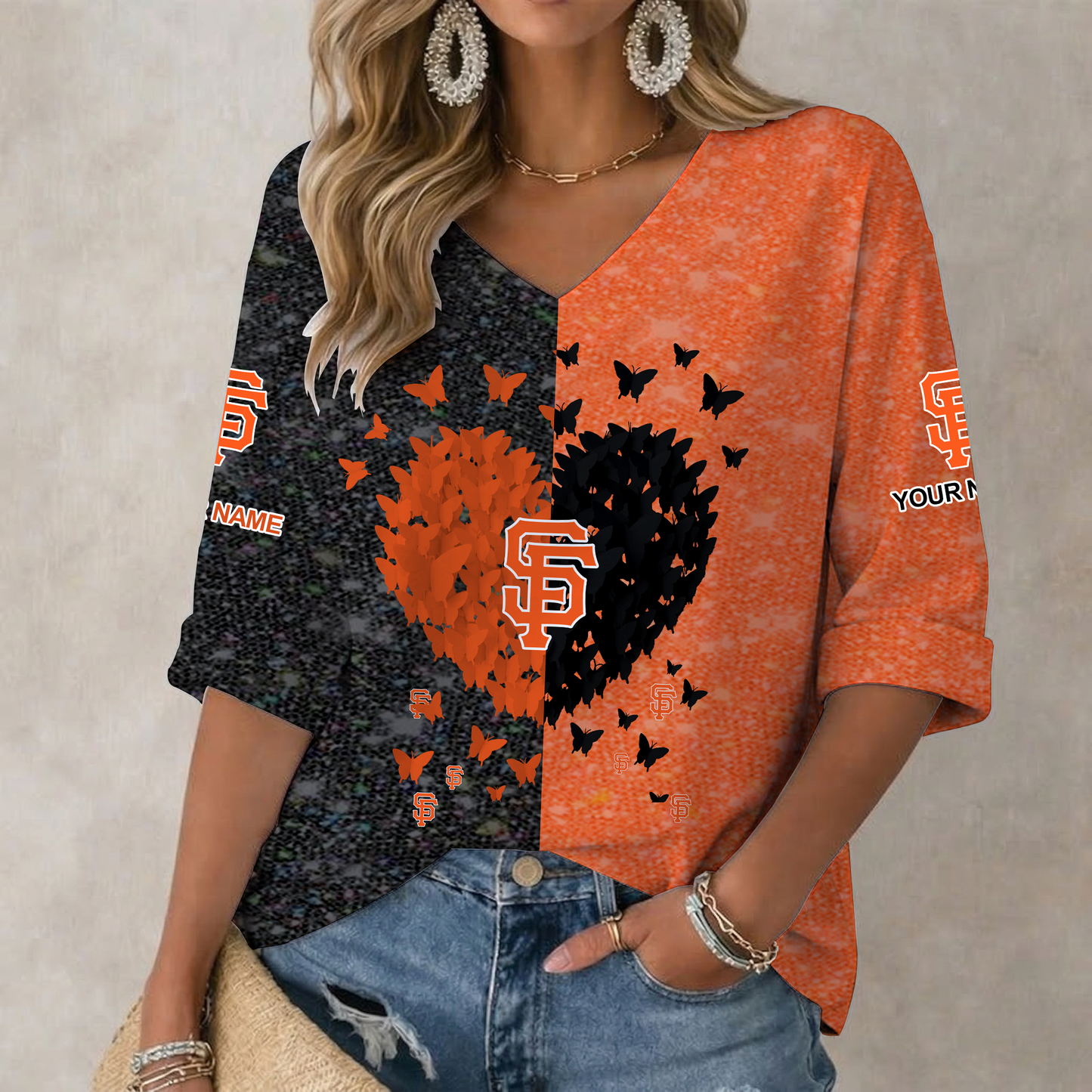 LIMITED EDITION - NEW CUSTOMIZED MLB06 SFG SAN FRANCISCO GIANTS WOMEN'S HEART V-NECK LONG SLEEVE SHIRT