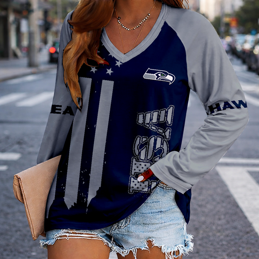 LIMITED EDITION - NEW CUSTOMIZED NFL06 SSH SEATLLE SEAHAWKS WOMEN'S V-NECK LONG SLEEVED SHIRT