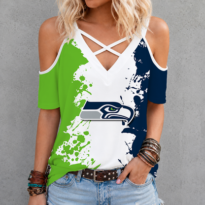 [SPECIAL OFFER] NEW CUSTOMIZED NFL06 SSH SEATTLE SEAHAWKS CRISS CROSS V-NECK TOP