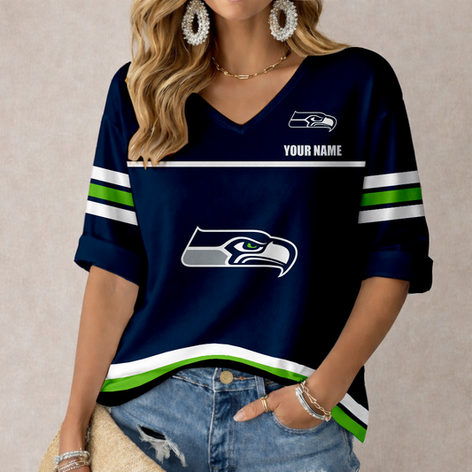 LIMITED EDITION - NEW CUSTOMIZED NFL06 SSH SEATLLE SEAHAWKS WOMEN'S V-NECK MID-SLEEVE SHIRT