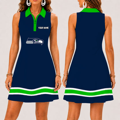 [SPECIAL OFFER] NEW CUSTOMIZED NFL06 SSH SEATTLE SEAHAWKS WOMEN'S ZIP SLEEVELESS POLO DRESS