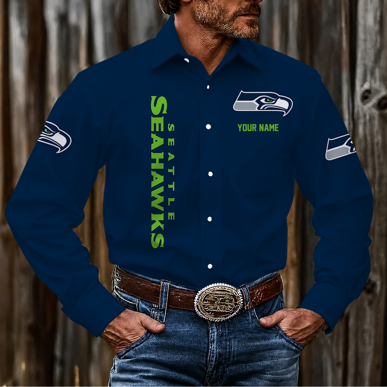 LIMITED EDITION - NEW CUSTOMIZED NFL06 SSH SEATTLE SEAHAWKS MEN'S LONG SLEEVE BUTTON-UP SHIRT