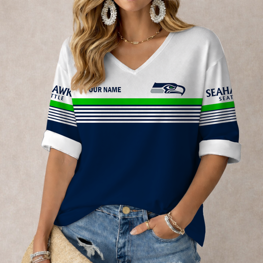 VIRAL EDITION - NEW CUSTOMIZED NFL06 SSH SEATTLE SEAHAWKS WOMEN'S HEART V-NECK LONG SLEEVE SHIRT