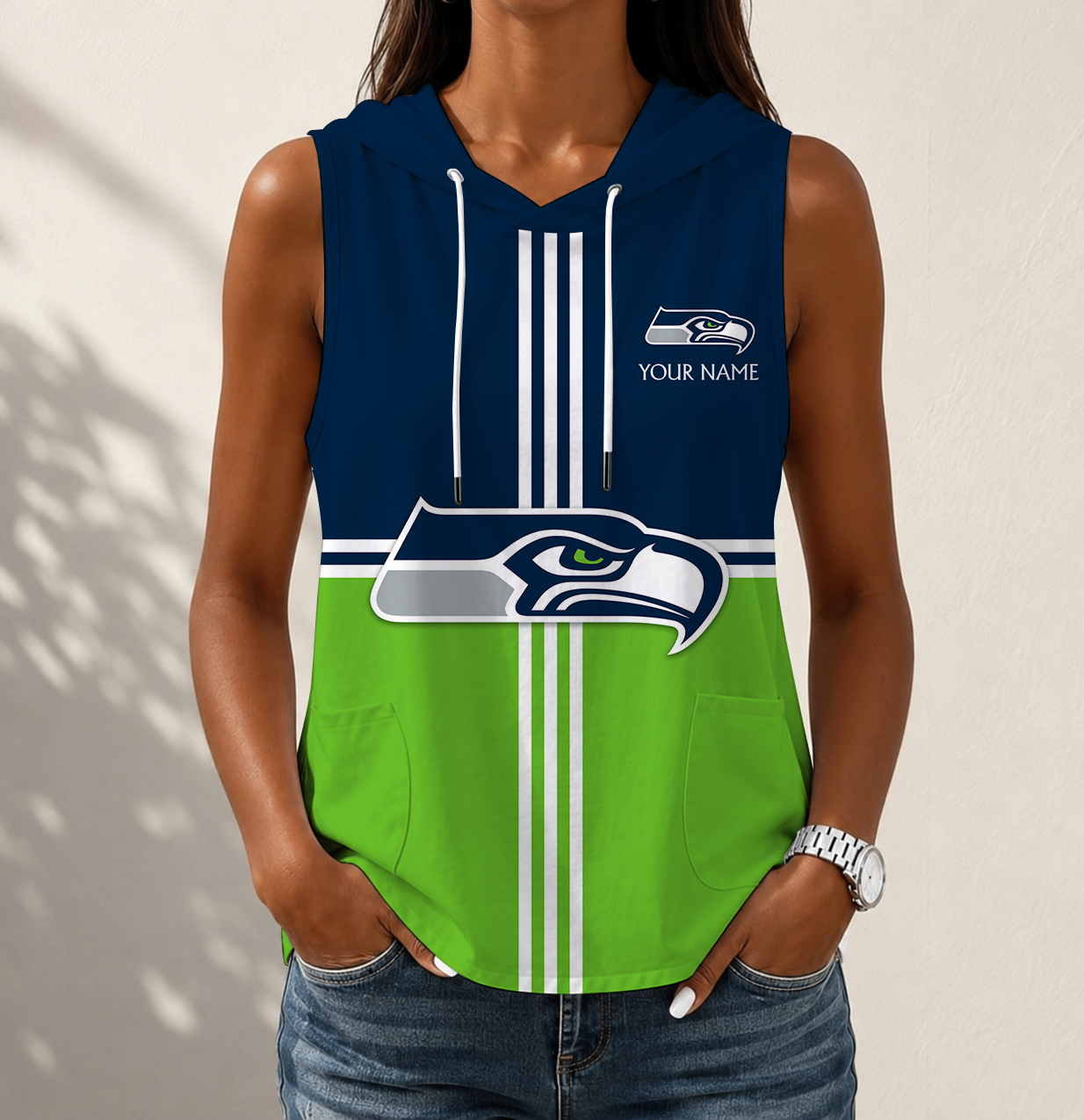 LIMITED EDITION - NEW CUSTOMIZED NFL06 SSH SEATTLE SEAHAWKS WOMEN'S SLEEVELESS HOODED POCKET TANK TOP