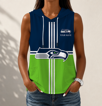 LIMITED EDITION - NEW CUSTOMIZED NFL06 SSH SEATTLE SEAHAWKS WOMEN'S SLEEVELESS HOODED POCKET TANK TOP