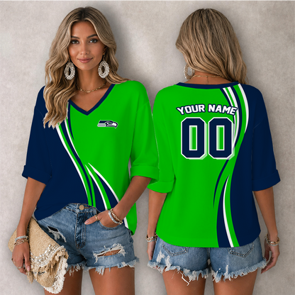 LIMITED EDITION - NEW CUSTOMIZED NFL06 SSH SEATTLE SEAHAWKS WOMEN'S HEART V-NECK LONG SLEEVE SHIRT