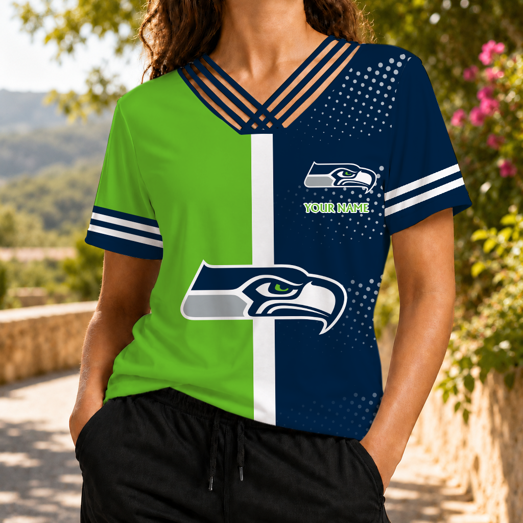 LIMITED EDITION - NEW CUSTOMIZED NFL06 SSH SEATTLE SEAHAWKS V-NECK SHIRT