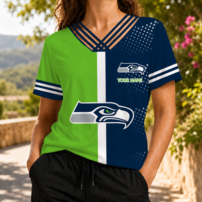 LIMITED EDITION - NEW CUSTOMIZED NFL06 SSH SEATTLE SEAHAWKS V-NECK SHIRT