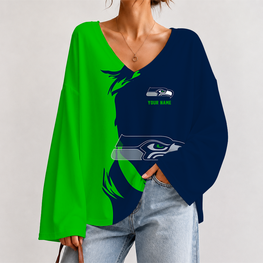 [SPECIAL OFFER] NEW CUSTOMIZED NFL06 SSH SEATTLE SEAHAWKS V NECK LONG SLEEVED CROP TOP