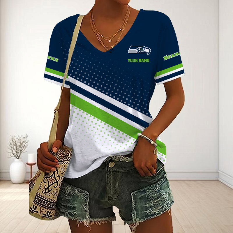 LIMITED EDITION - NEW CUSTOMIZED NFL06 SSH SEATLLE SEAHAWKS V-NECK FEMALE SHIRT