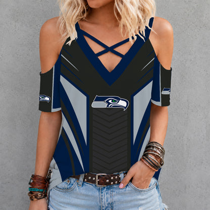 [SPECIAL OFFER] NEW CUSTOMIZED NFL06 SSH SEATTLE SEAHAWKS CRISS CROSS V-NECK TOP