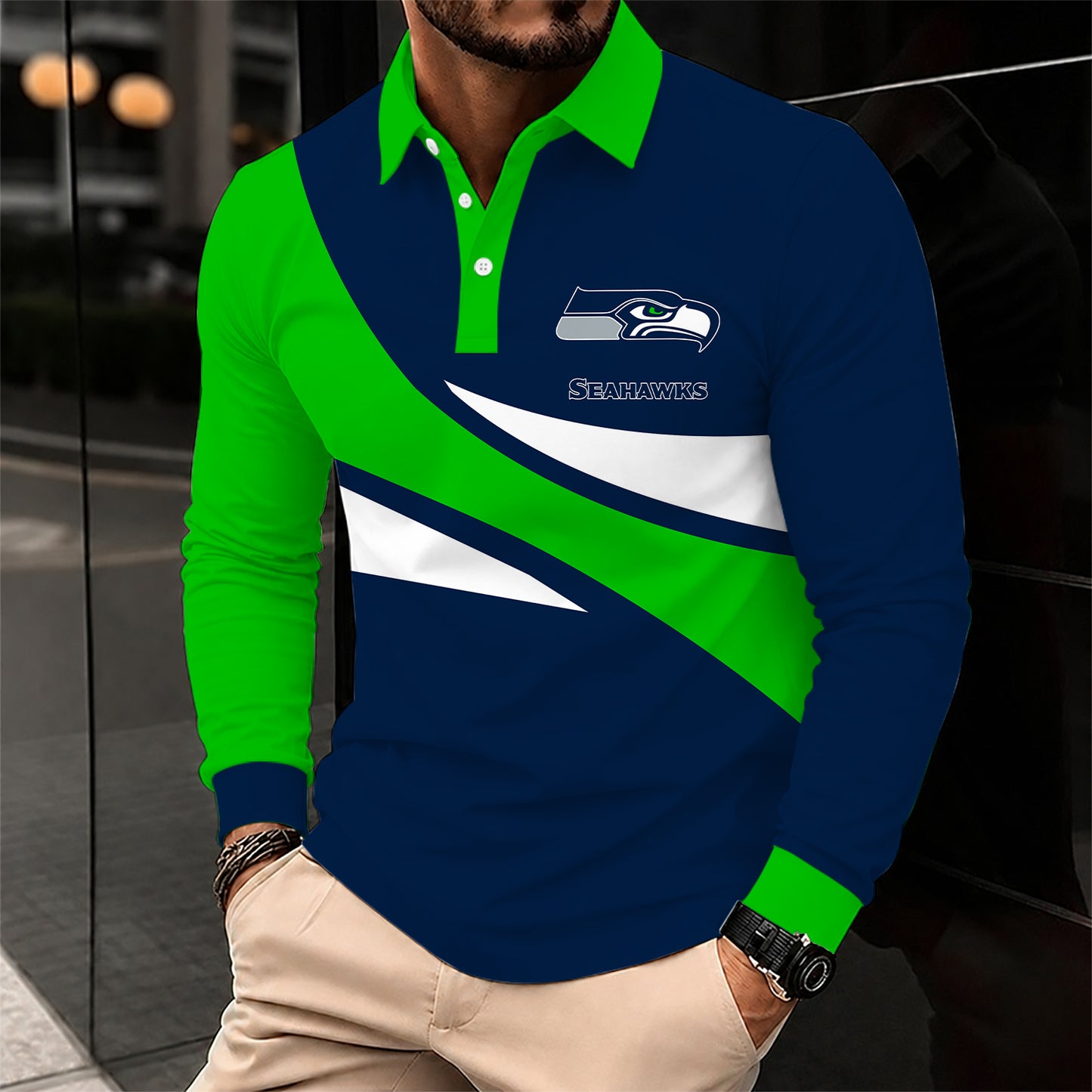 [SPECIAL OFFER] NEW CUSTOMIZED NFL06 SSH SEATTLE SEAHAWKS LONG SLEEVE POLO SHIRT