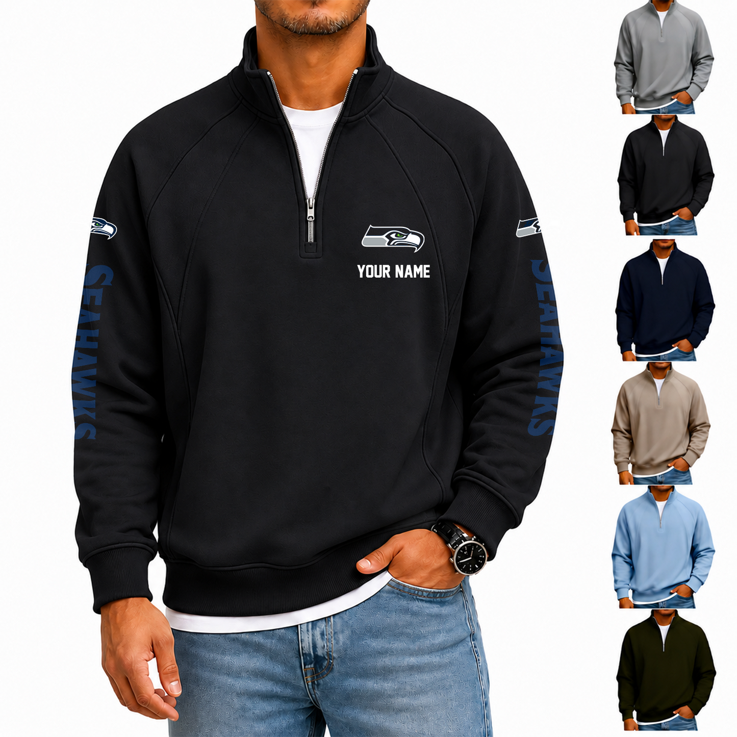 [SPECIAL OFFER] NEW CUSTOMIZED NFL06 SSH SEATTLE SEAHAWKS MEN'S QUARTER ZIP PULLOVER