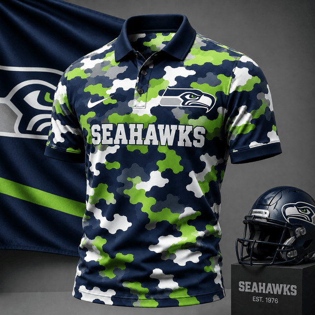 [SPECIAL OFFER] NEW CUSTOMIZED NFL06 SSH SEATTLE SEAHAWKS CAMO POLO SHIRT