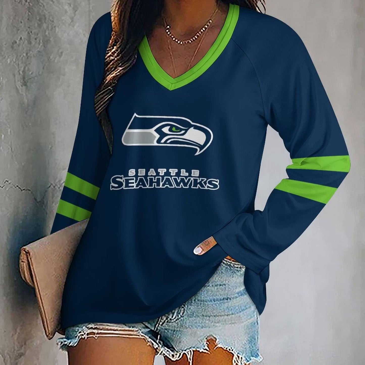 LIMITED EDITION - NEW CUSTOMIZED NFL06 SSH SEATLLE SEAHAWKS WOMEN'S V-NECK LONG SLEEVED SHIRT