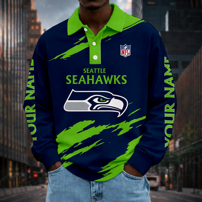 LIMITED EDITION - NEW CUSTOMIZED NFL06 SSH SEATTLE SEAHAWKS MEN LONG SLEEVE POLO