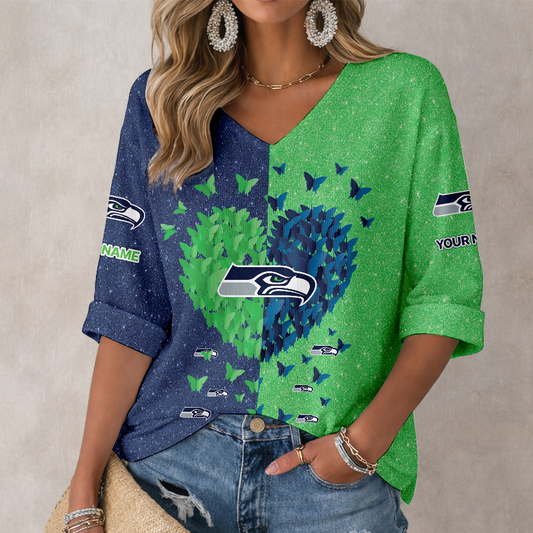 LIMITED EDITION - NEW CUSTOMIZED NFL06 SSH SEATLLE SEAHAWKS WOMEN'S HEART V-NECK LONG SLEEVE SHIRT