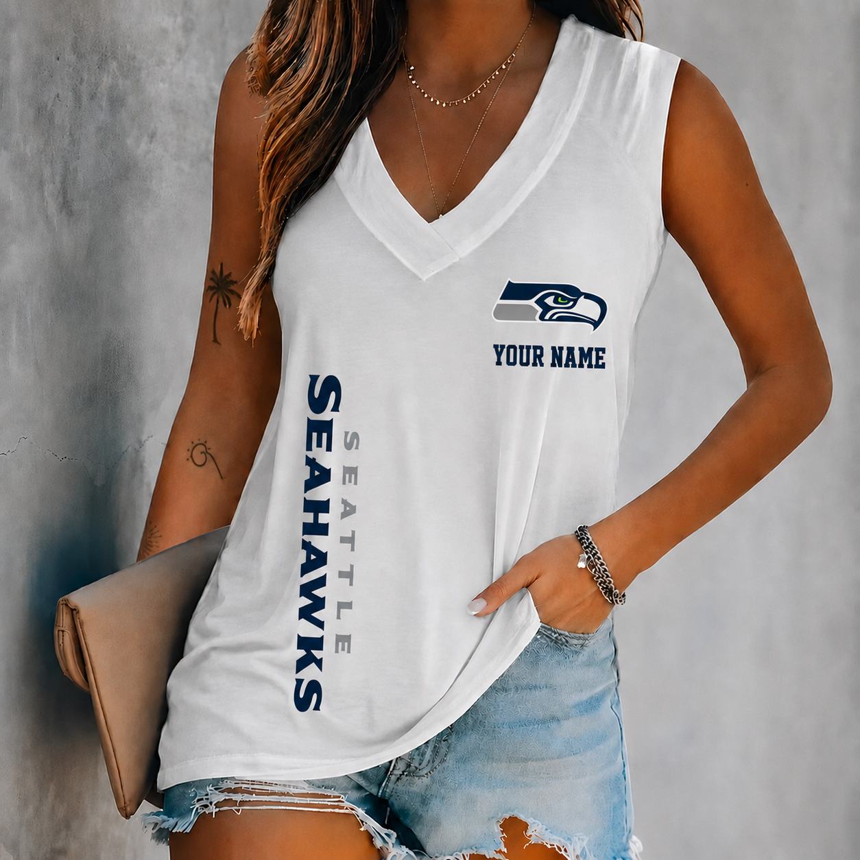LIMITED EDITION - NEW CUSTOMIZED NFL06 SSH SEATTLE SEAHAWKS WOMEN'S V-NECK TANK TOP