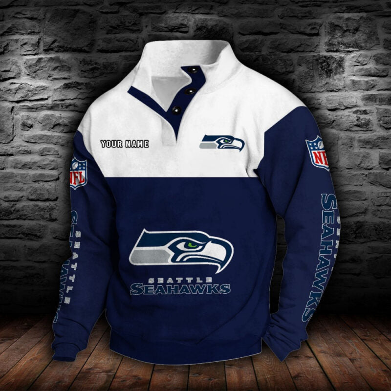 LIMITED EDITION - NEW CUSTOMIZED NFL06 SSH SEATTLE SEAHAWKS QUARTER-BUTTON STAND-COLLAR SWEATSHIRT