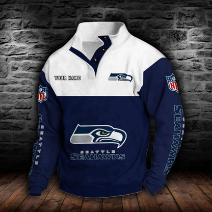 LIMITED EDITION - NEW CUSTOMIZED NFL06 SSH SEATTLE SEAHAWKS QUARTER-BUTTON STAND-COLLAR SWEATSHIRT