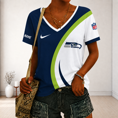 LIMITED EDITION - NEW CUSTOMIZED NFL06 SSH SEATLLE SEAHAWKS V-NECK FEMALE SHIRT