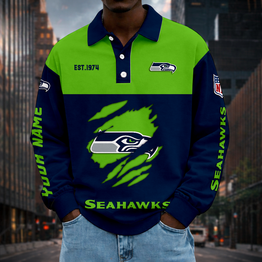 LIMITED EDITION - NEW CUSTOMIZED NFL06 SSH SEATTLE SEAHAWKS MEN LONG SLEEVE POLO