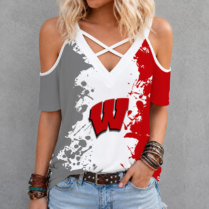 [FAN FAVORITE] NEW CUSTOMIZED NCAA MFF06 WSB WISCONSIN BADGERS CRISS CROSS V-NECK TOP