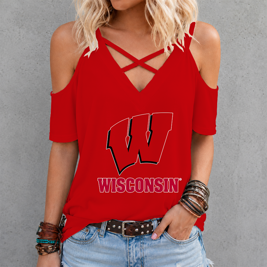[FAN FAVORITE] NEW CUSTOMIZED NCAA MFF06 WSB WISCONSIN BADGERS CRISS CROSS V-NECK TOP