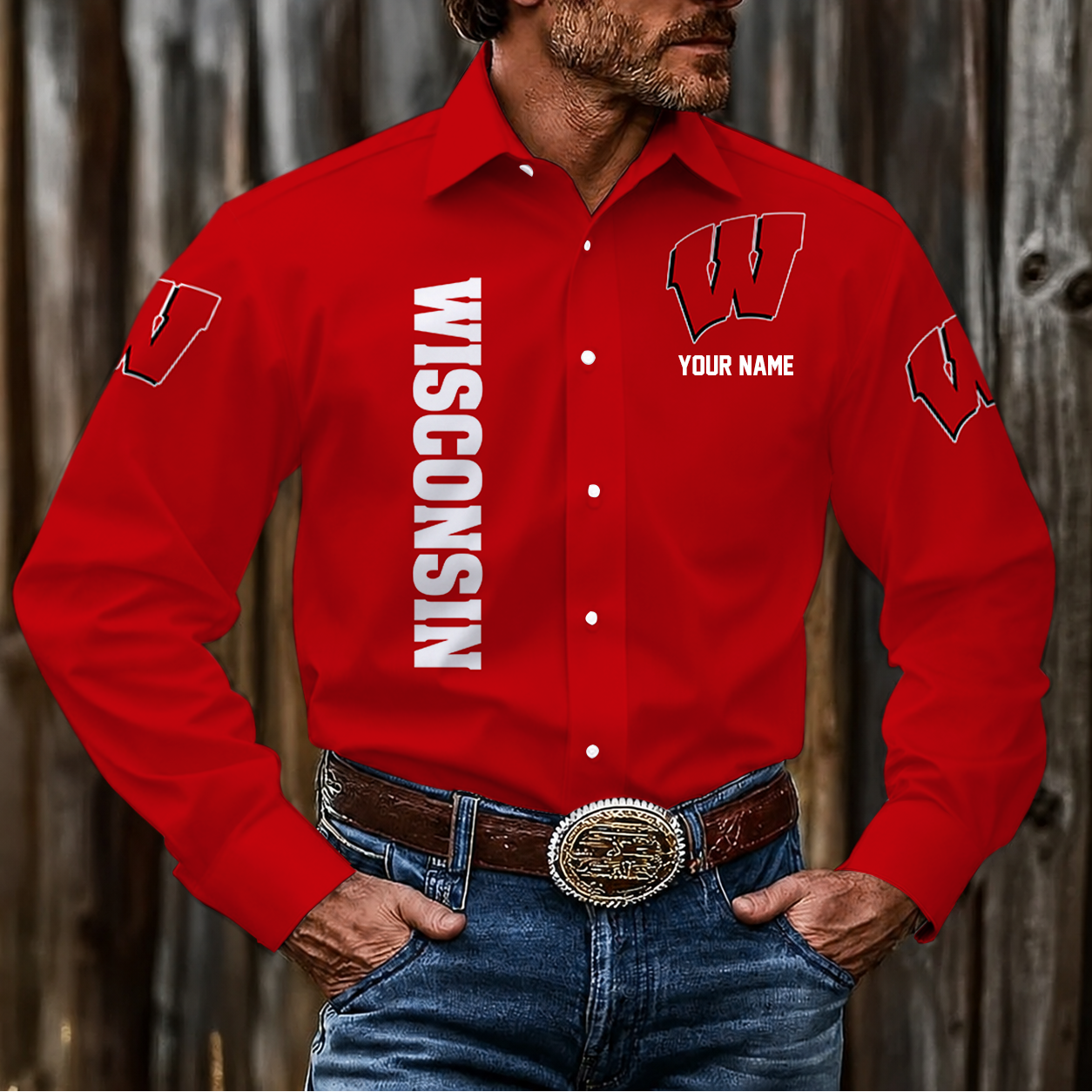 LIMITED EDITION - NEW CUSTOMIZED NCAA MFF06 WSB WISCONSIN BADGERS MEN'S LONG SLEEVE BUTTON-UP SHIRT