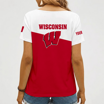 [FAN FAVORITE] NEW CUSTOMIZED NCAA MFF06 WSB WISCONSIN BADGERS V-NECK FEMALE SHIRT