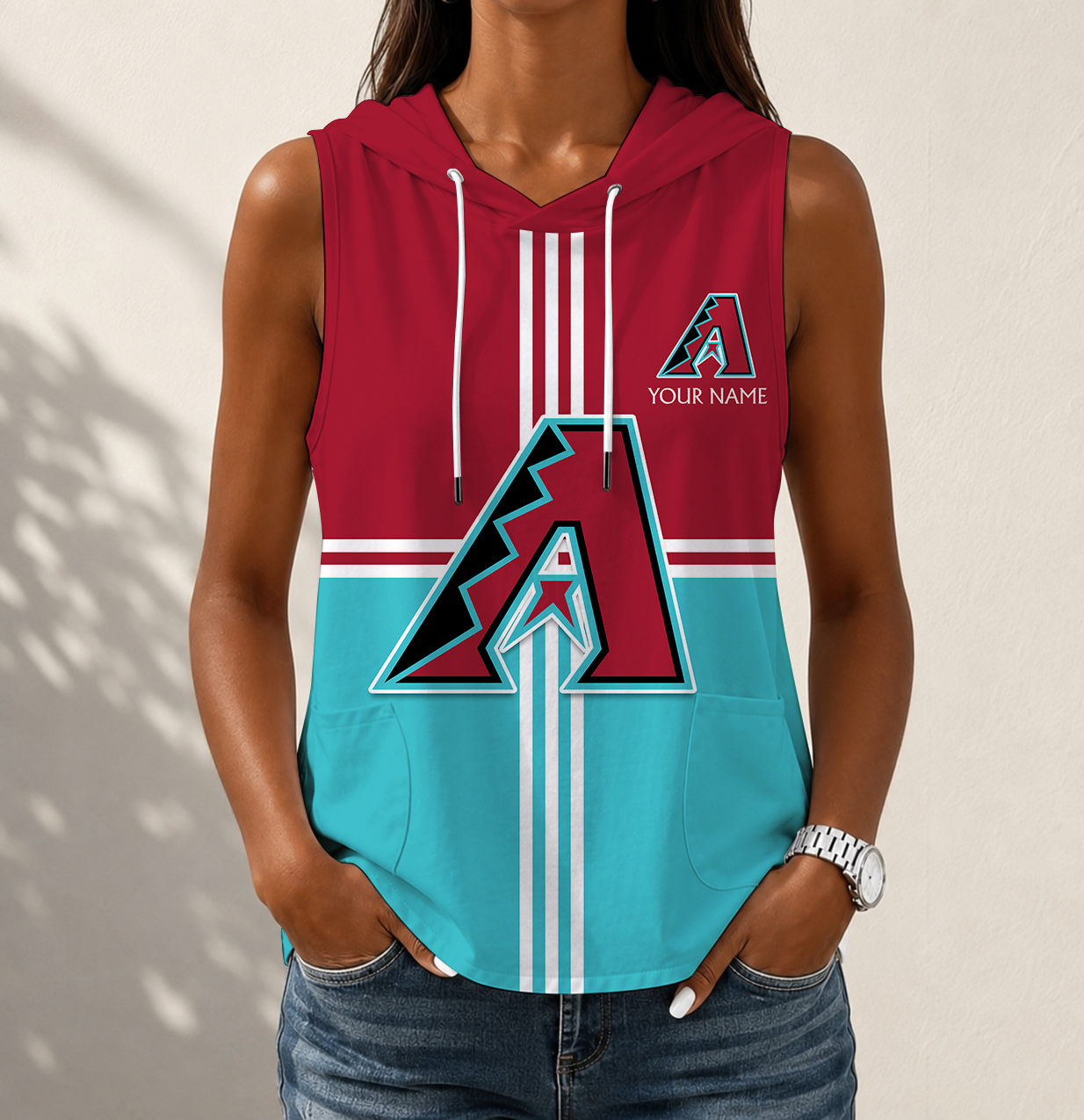 LIMITED EDITION - NEW CUSTOMIZED MLB07 ADS ARIZONA DIAMONDBACKS WOMEN'S SLEEVELESS HOODED POCKET TANK TOP