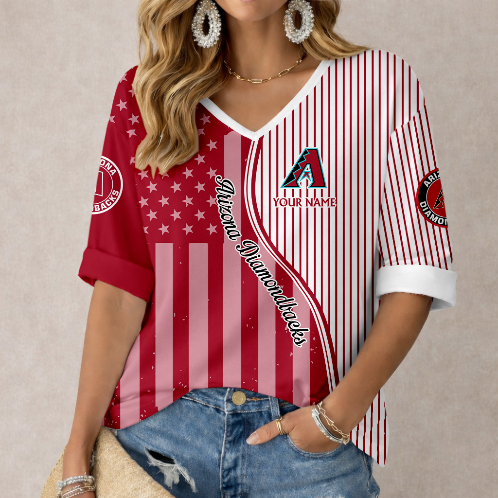 ELITE EDITION - NEW CUSTOMIZED MLB07 ADS ARIZONA DIAMONDBACKS WOMEN'S HEART V-NECK LONG SLEEVE SHIRT