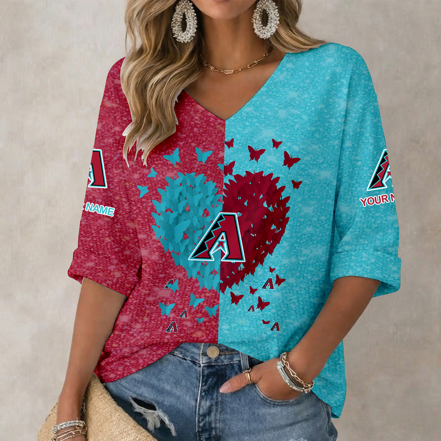 LIMITED EDITION - NEW CUSTOMIZED MLB07 ADS ARIZONA DIAMONDBACKS WOMEN'S HEART V-NECK LONG SLEEVE SHIRT