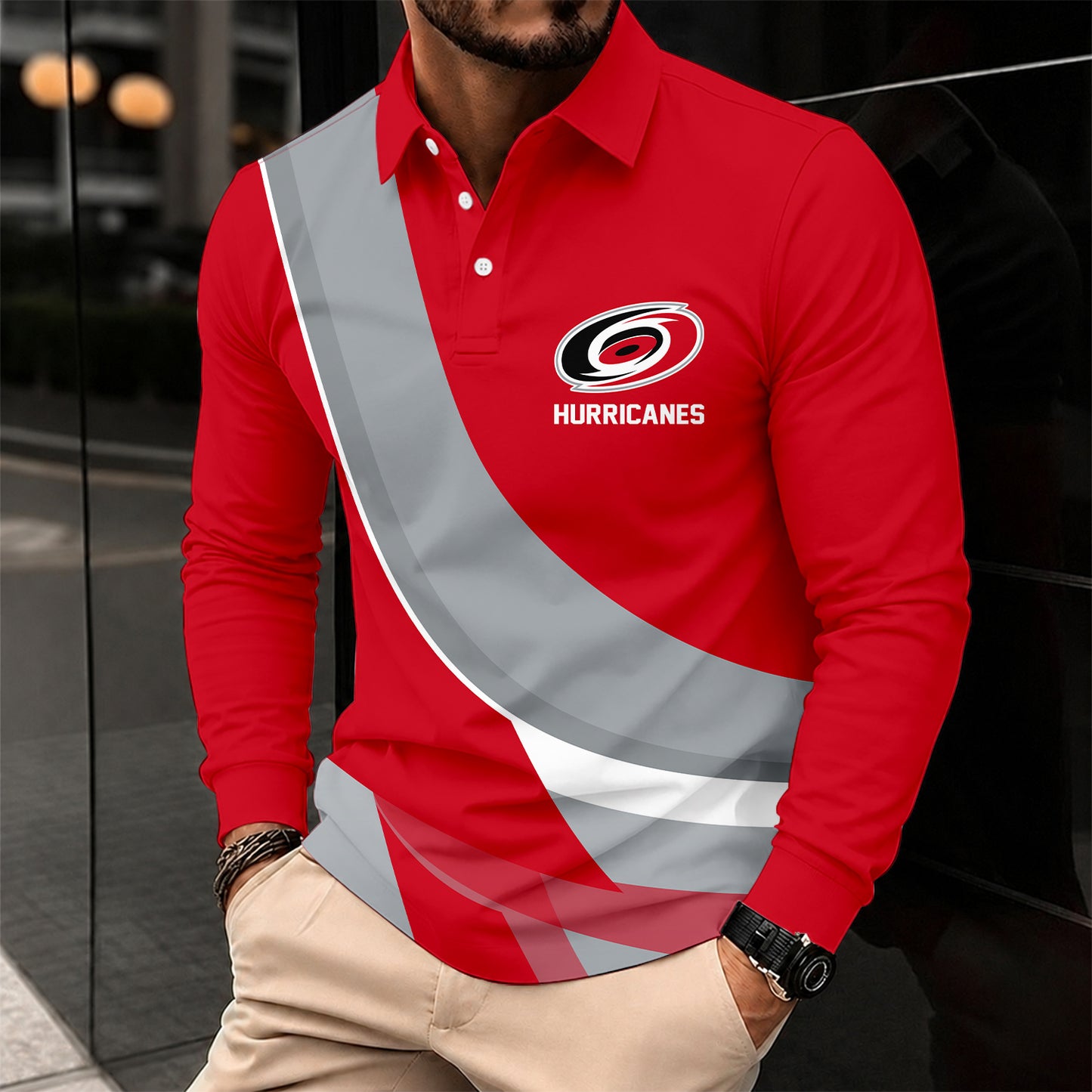 [SUPER SALE] NEW CUSTOMIZED NHL07 CLH CAROLINA HURRICANES MEN LONG SLEEVE POLO