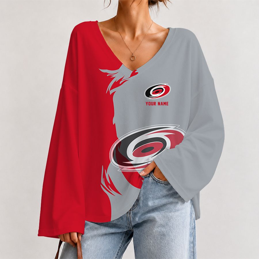 [SUPER SALE] NEW CUSTOMIZED NHL07 CLH CAROLINA HURRICANES V-NECK LONG SLEEVED CROP TOP