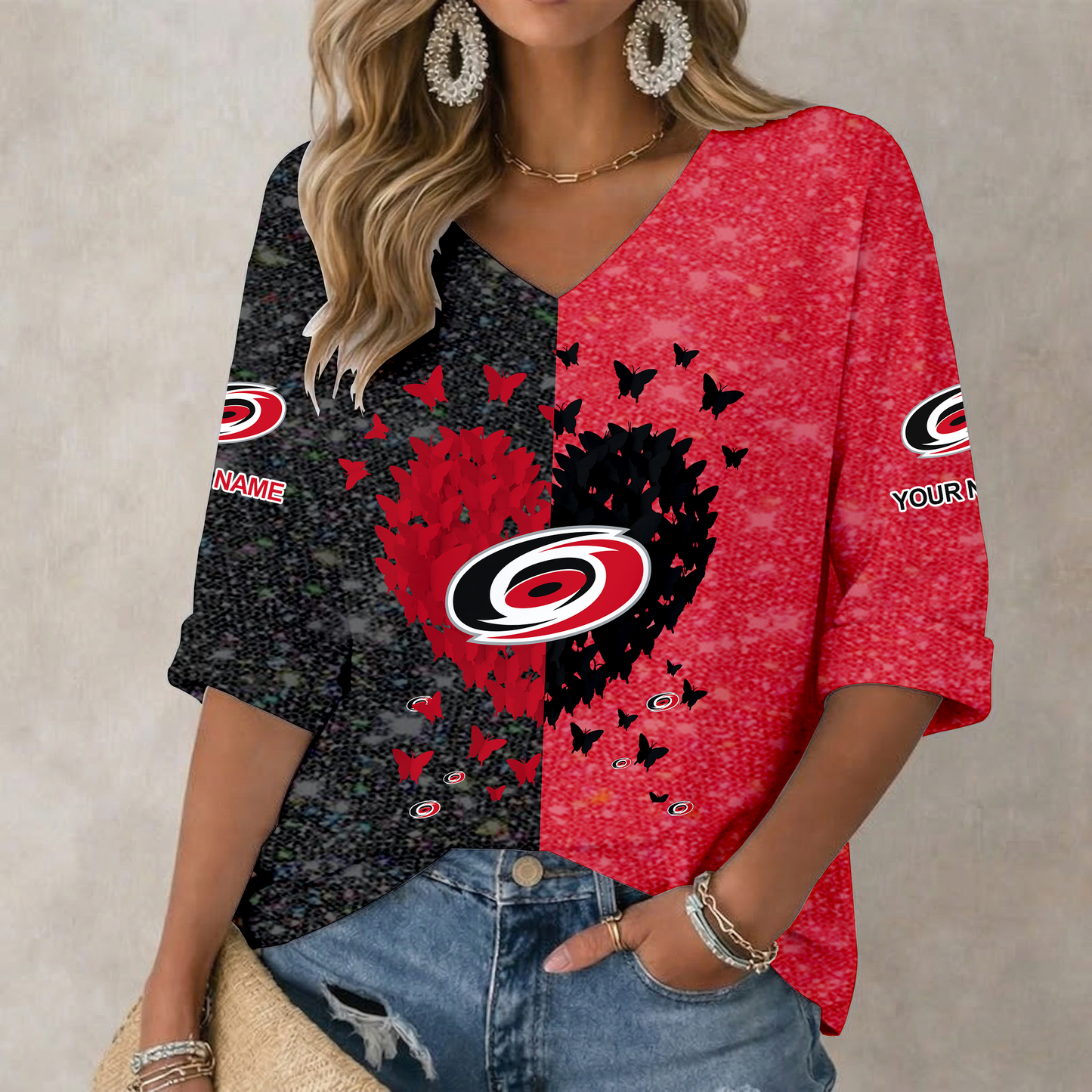 LIMITED EDITION - NEW CUSTOMIZED NHL07 CLH CAROLINA HURRICANES WOMEN'S HEART V-NECK LONG SLEEVE SHIRT