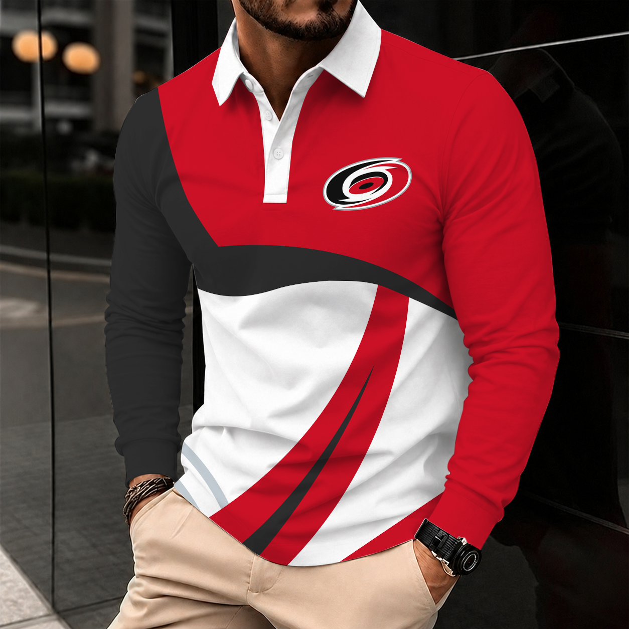 [SUPER SALE] NEW CUSTOMIZED NHL07 CLH CAROLINA HURRICANES MEN LONG SLEEVE POLO