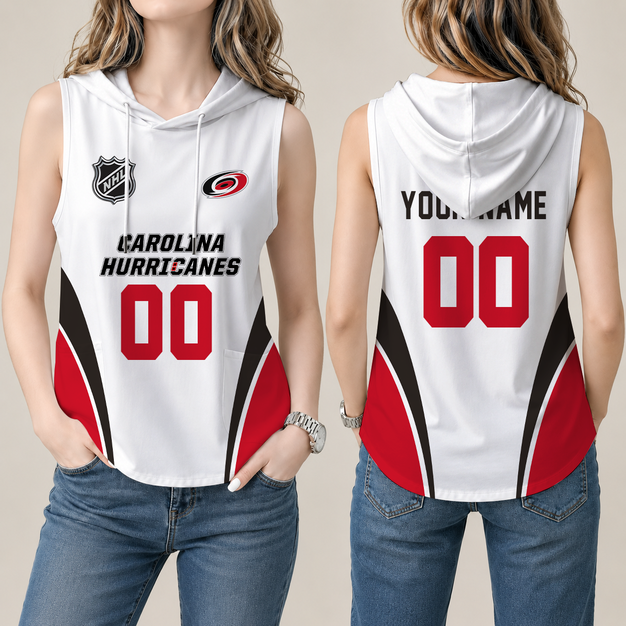 [SUPER SALE] NEW CUSTOMIZED NHL07 CLH CAROLINA HURRICANES WOMEN'S SLEEVELESS HOODED POCKET TANK TOP