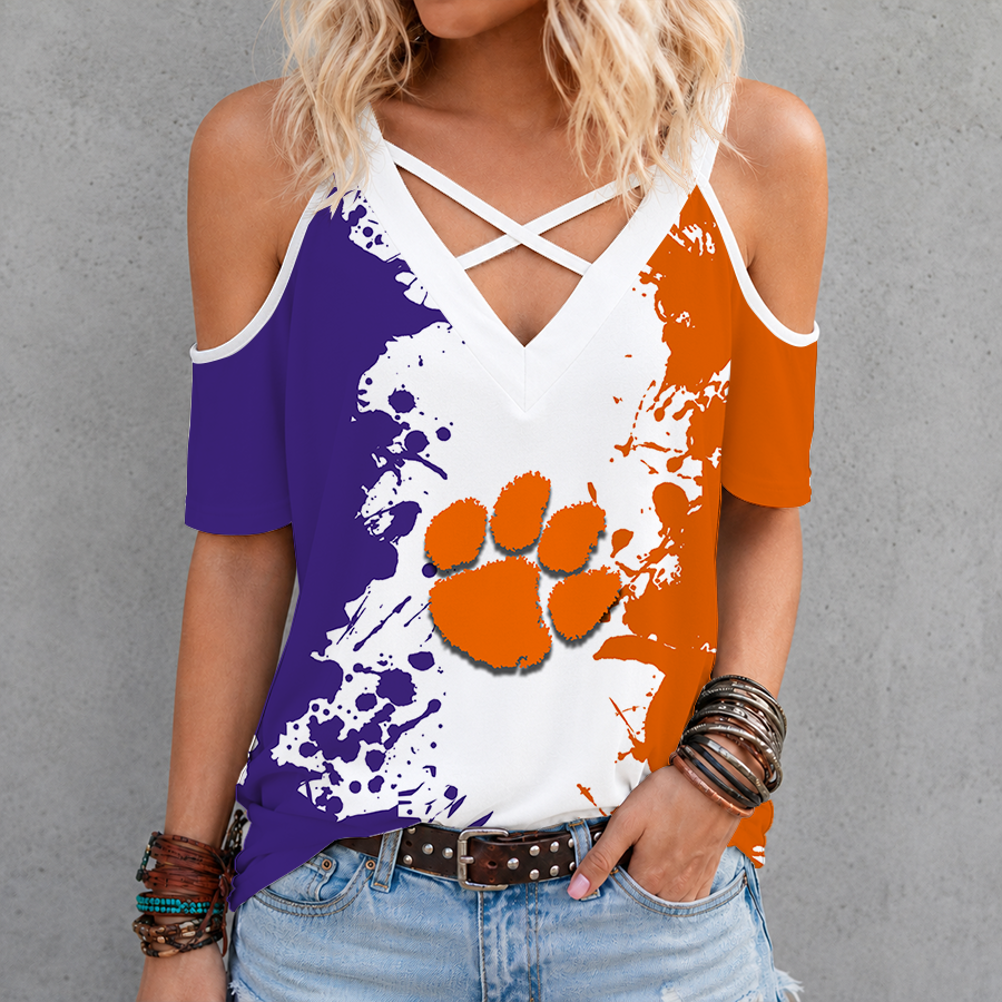 [FAN FAVORITE] NEW CUSTOMIZED NCAA FBS07 CST CLEMSON TIGERS CRISS CROSS V-NECK TOP