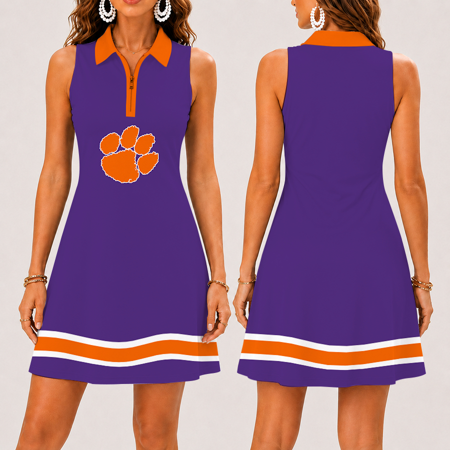 [FAN FAVORITE] NEW CUSTOMIZED NCAA FBS07 CST CLEMSON TIGERS WOMEN'S ZIP SLEEVELESS POLO DRESS