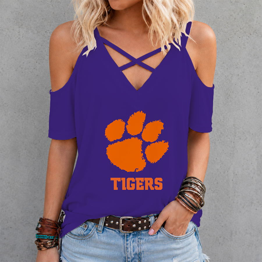[FAN FAVORITE] NEW CUSTOMIZED NCAA FBS07 CST CLEMSON TIGERS CRISS CROSS V-NECK TOP