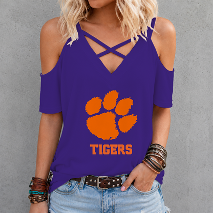 [FAN FAVORITE] NEW CUSTOMIZED NCAA FBS07 CST CLEMSON TIGERS CRISS CROSS V-NECK TOP