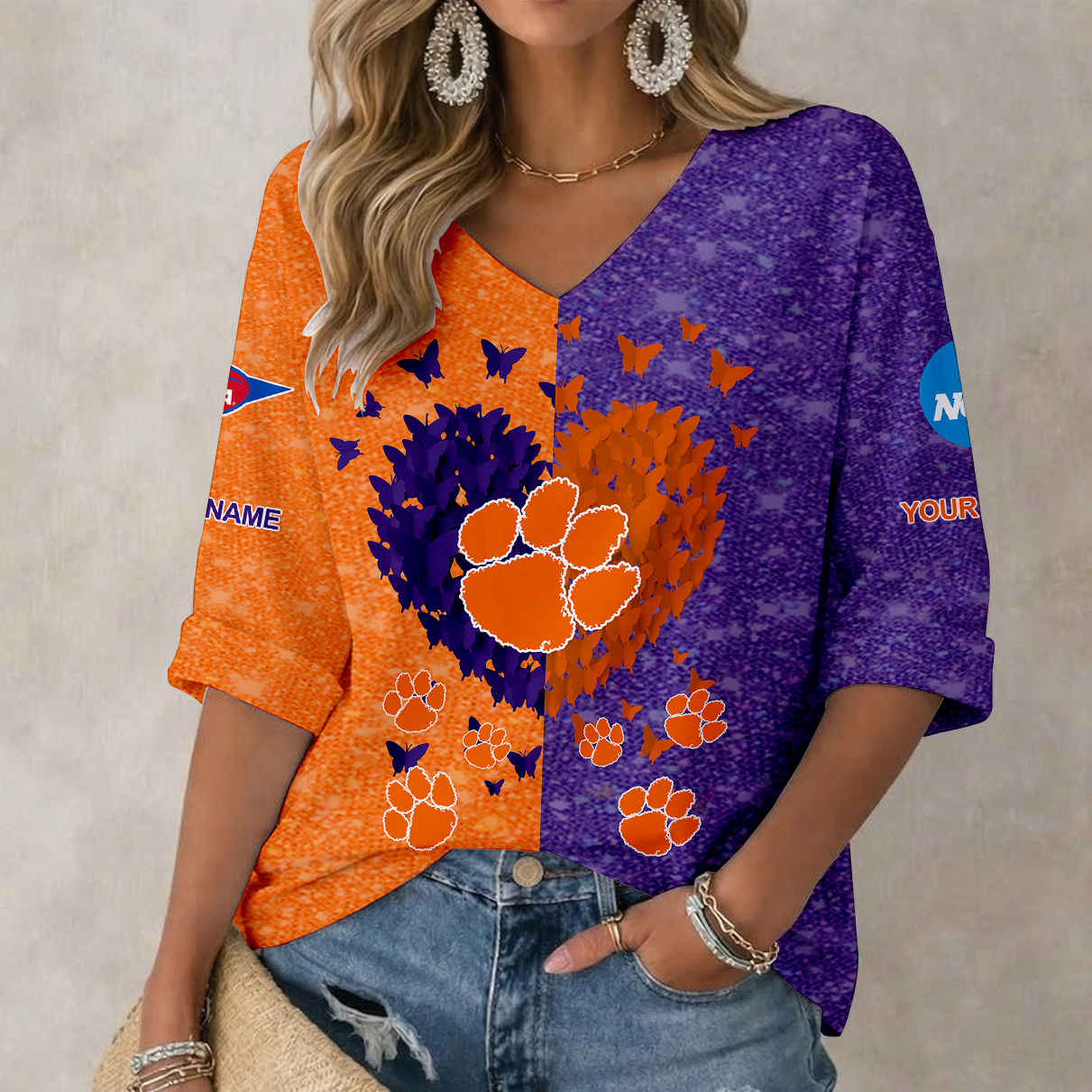 LIMITED EDITION - NEW CUSTOMIZED NCAA FBS07 CST CLEMSON TIGERS WOMEN'S HEART V-NECK LONG SLEEVE SHIRT