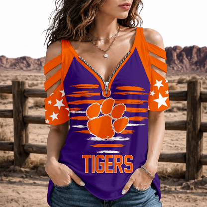 [FAN FAVORITE] NEW CUSTOMIZED NCAA FBS07 CST CLEMSON TIGERS STRAPPY COLD-SHOULDER TOP
