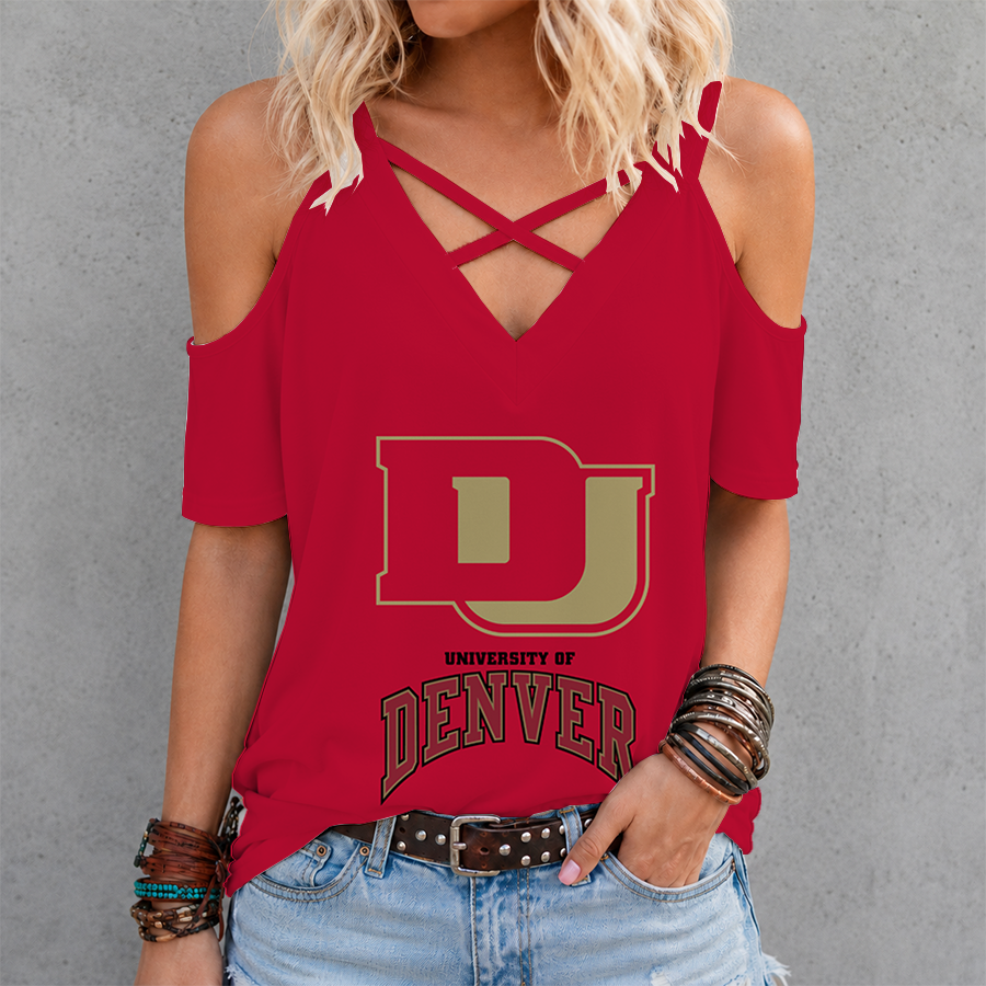 [FAN FAVORITE] NEW CUSTOMIZED NCAA MFF07 DEP DENVER PIONEERS CRISS CROSS V-NECK TOP