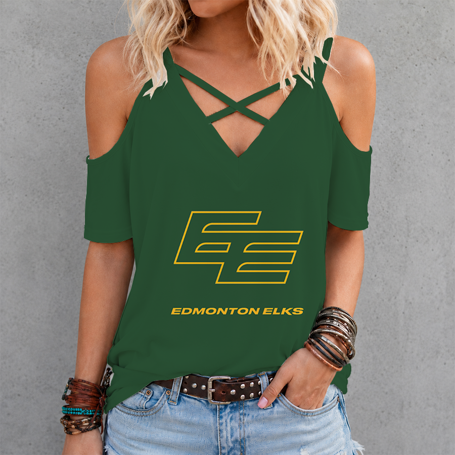 [FAN EXCLUSIVE] NEW CUSTOMIZED CFL07 EDM EDMONTON ELKS STRAPPY CRISS CROSS V-NECK TOP