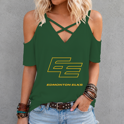 [FAN EXCLUSIVE] NEW CUSTOMIZED CFL07 EDM EDMONTON ELKS STRAPPY CRISS CROSS V-NECK TOP